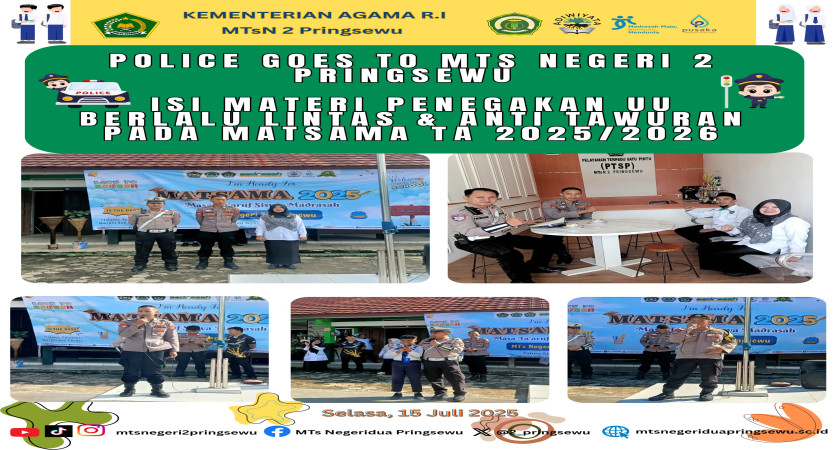 Police goes to MTs Negeri 2 Pringsewu, Kapospol Subsektor Banyumas beri apresiasi penegakan undang undang tertib lalu lintas dengan melarang siswa mengendarai kendaraan sendiri.